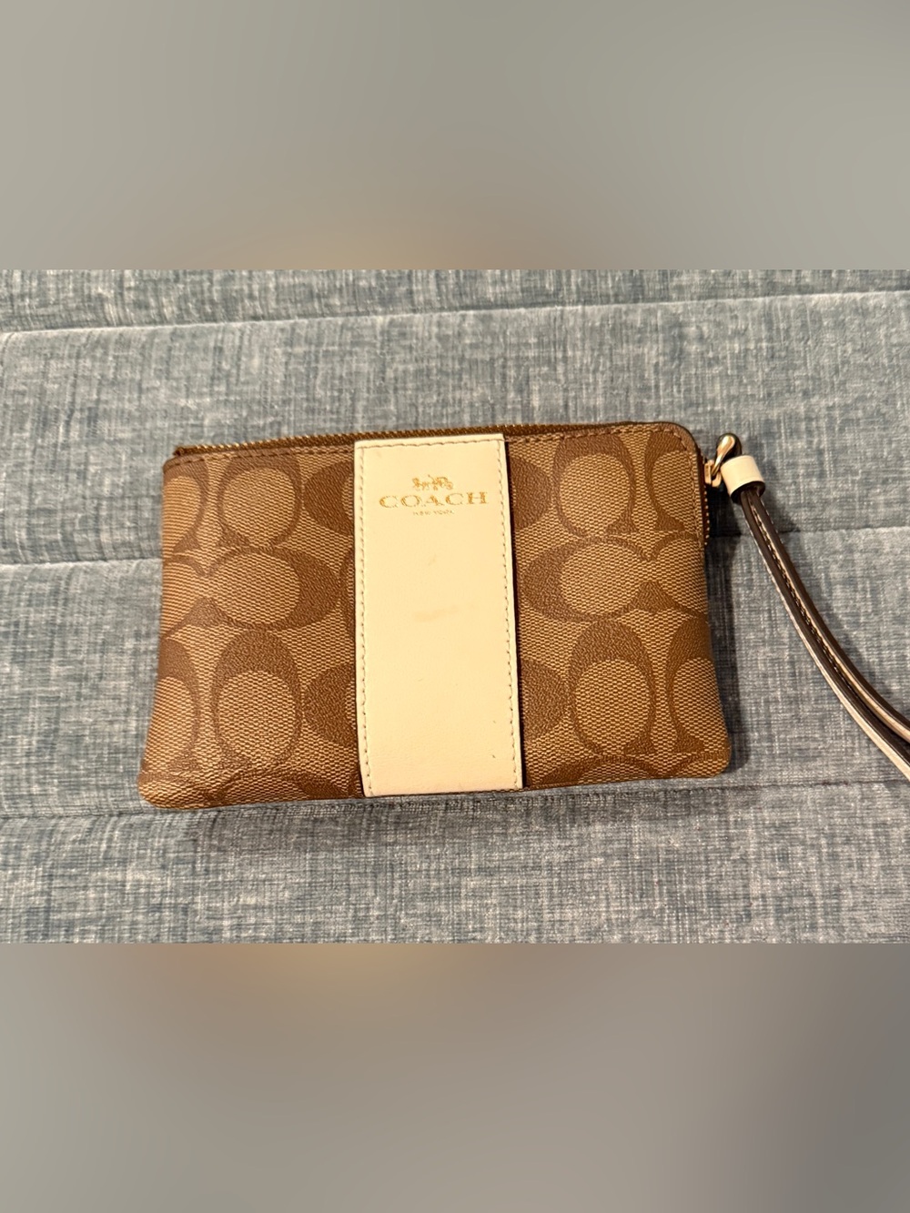 Coach Brown Signature Canvas Wristlet with Cream Stripe